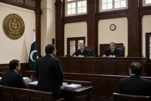 Judges and lawyers inside Peshawar High Court during PHC KP Emergency petition hearing with Pakistani flag and court emblem