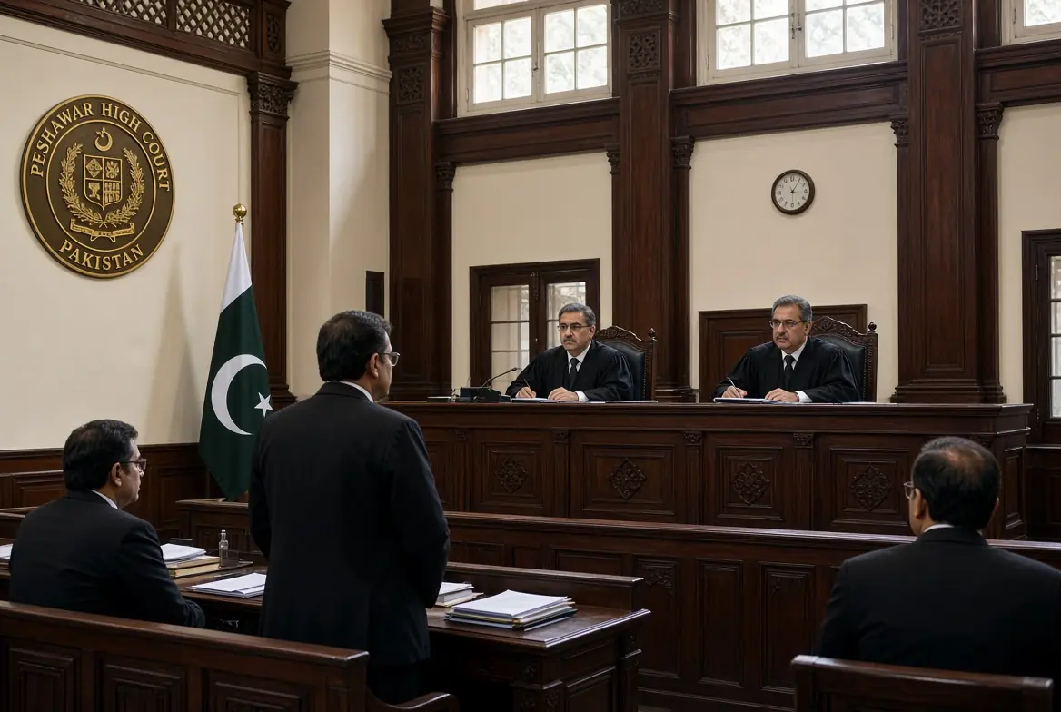 Judges and lawyers inside Peshawar High Court during PHC KP Emergency petition hearing with Pakistani flag and court emblem