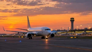 Commercial passenger aircraft at an airport during sunset, illustrating PIA Riyadh flights suspension.