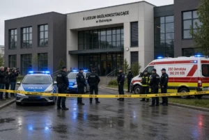 Police cars, ambulance and officers outside school building after Polish school attack in Ostroleka with yellow caution tape