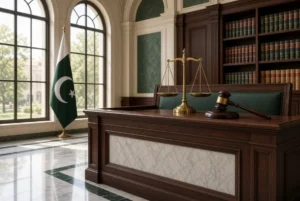 Scales of justice and wooden gavel on judge desk inside Pakistani courtroom showing PPP PML-N differences over judicial appointments