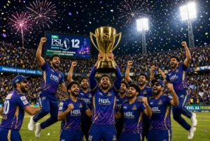 Cricket players joyfully lifting the golden PSL 12 trophy in a packed stadium with fireworks and cheering crowd during Pakistan Super League
