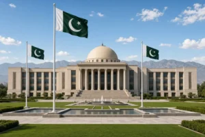National Assembly of Pakistan building with waving Pakistani flags under clear sky related to PTI Achakzai opposition leader news
