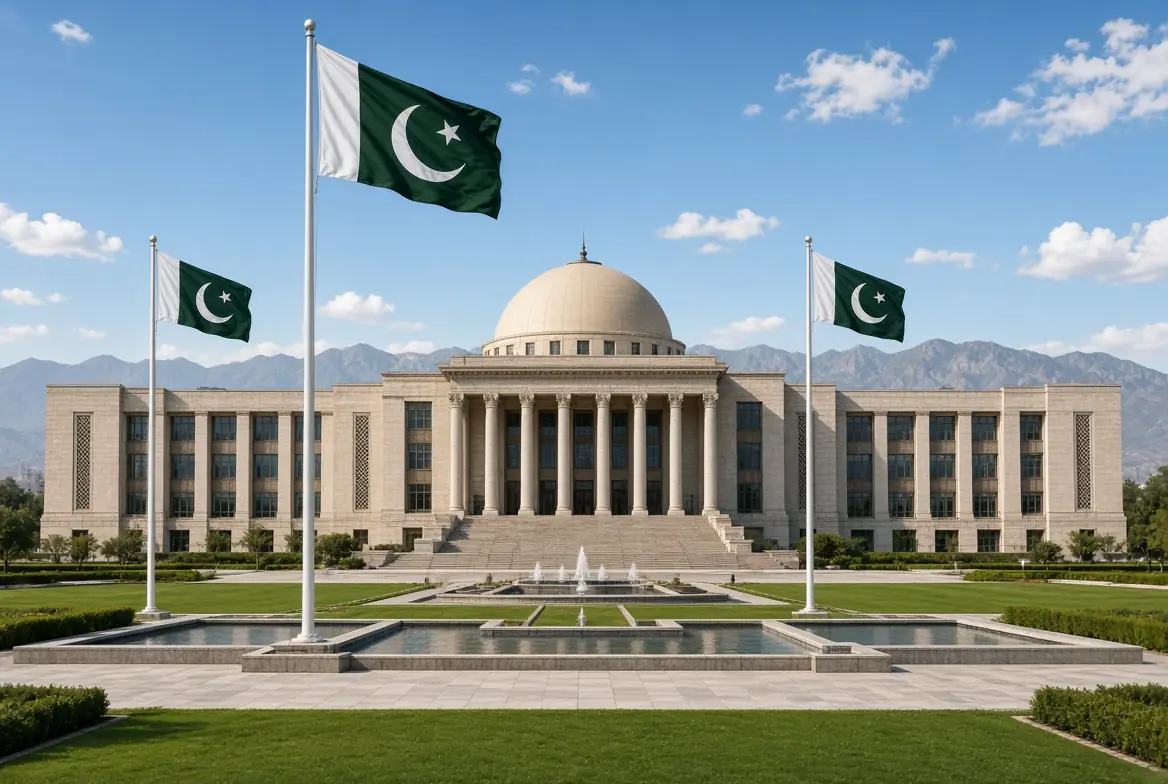 National Assembly of Pakistan building with waving Pakistani flags under clear sky related to PTI Achakzai opposition leader news