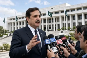 Barrister Gohar Ali Khan addressing reporters outside Islamabad Parliament demanding PTI emergency rollback in Khyber Pakhtunkhwa