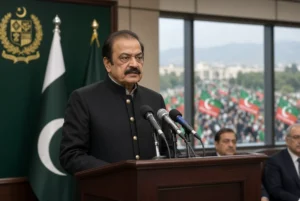 Rana Sanaullah speaking at podium during PTI talks offer press conference with Pakistani flags and long march visible in background