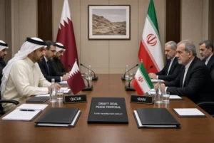 Qatari and Iranian leaders discussing Qatar Iran deal peace proposal in formal meeting