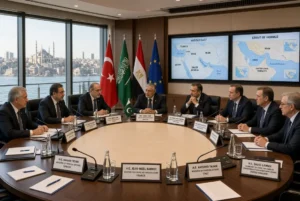 R4 diplomatic solution meeting of foreign ministers from Pakistan Türkiye Egypt and Saudi Arabia discussing Mideast conflict and safe Hormuz passage