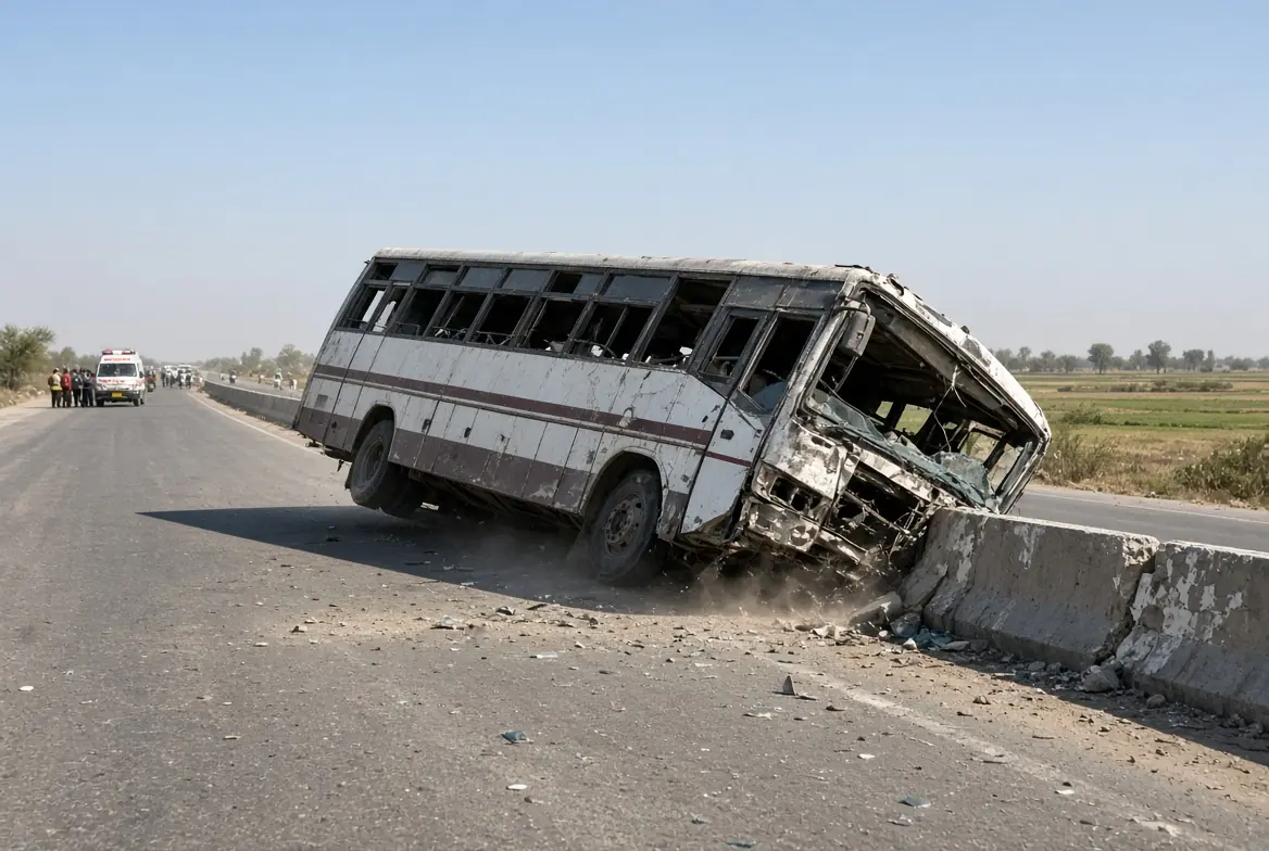 Overturned passenger bus after Rajanpur bus crash on Indus Highway near Bangla Hidayat with emergency responders nearby