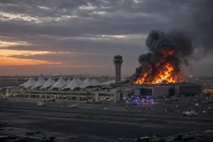 Thick black smoke and bright orange flames rising from King Khalid International Airport during the Riyadh airport attack at dusk with emergency vehicles