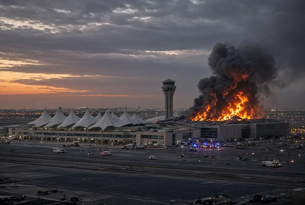 Thick black smoke and bright orange flames rising from King Khalid International Airport during the Riyadh airport attack at dusk with emergency vehicles