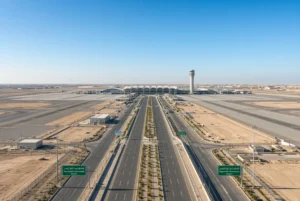 Empty runways and quiet highway leading to King Khalid International Airport during Riyadh airport closure after Houthi strikes