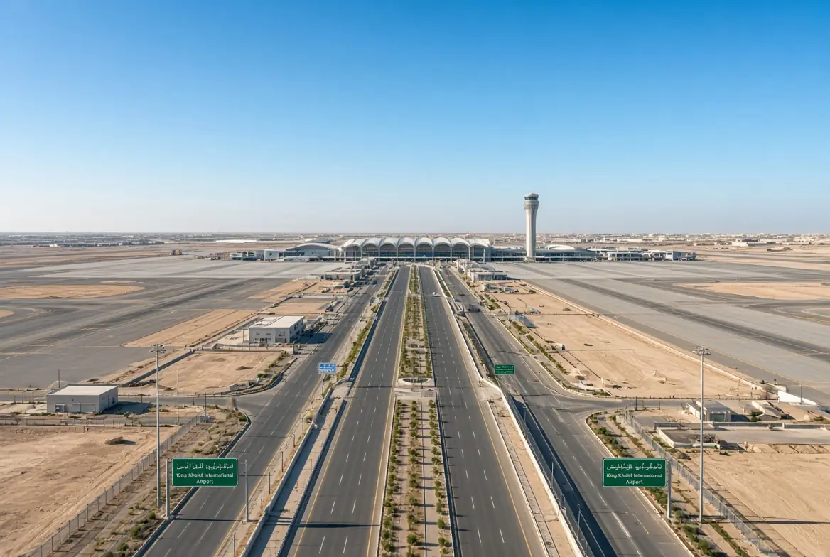 Empty runways and quiet highway leading to King Khalid International Airport during Riyadh airport closure after Houthi strikes