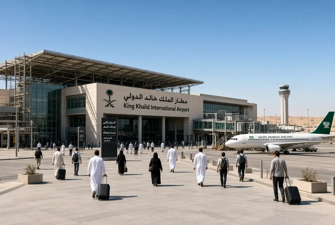 Riyadh airport reopens at King Khalid International Airport showing passengers walking and Saudi Arabian Airlines plane at the terminal