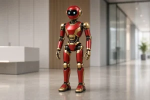 Red and gold humanoid robot related to robot sex assault case investigated by German police in Cologne