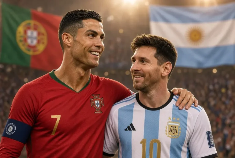 Cristiano Ronaldo and Lionel Messi sharing a warm respectful moment in national team jerseys after Ronaldo Messi tribute