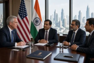 US Secretary of State during Rubio India visit meeting Indian leaders across table with American and Indian flags in modern Mumbai conference room