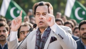 Capt Safdar raising both hands while speaking during Safdar Degree Campaign at outdoor political gathering