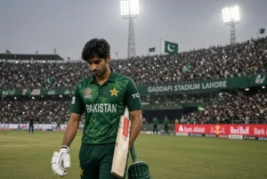Saim Ayub walking off the field at Gaddafi Stadium after dismissal during ODI tri-series as Saim Ayub released from Pakistan squad