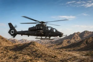 Military reconnaissance helicopter flying over arid desert mountains in Najran region related to Saudi helicopter crash