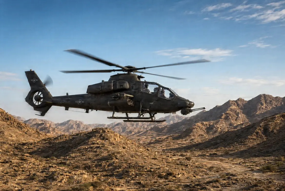 Military reconnaissance helicopter flying over arid desert mountains in Najran region related to Saudi helicopter crash