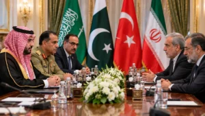Saudi Iran Talks illustrated through a realistic diplomatic meeting featuring representatives of Saudi Arabia, Pakistan, Turkiye and Iran discussing regional peace.