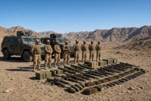 Pakistani security forces personnel standing with recovered weapons and ammunition laid out in a desert mountain area