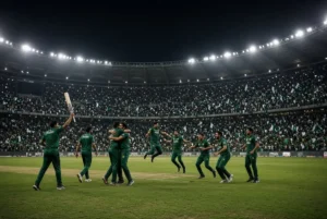 Pakistani cricket team celebrating dramatic victory after Shadab Rauf Record 10th wicket partnership at Gaddafi Stadium Lahore