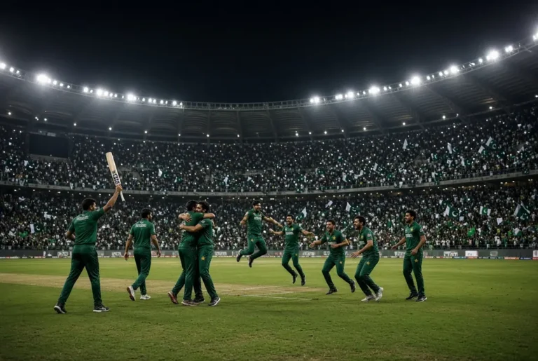 Pakistani cricket team celebrating dramatic victory after Shadab Rauf Record 10th wicket partnership at Gaddafi Stadium Lahore