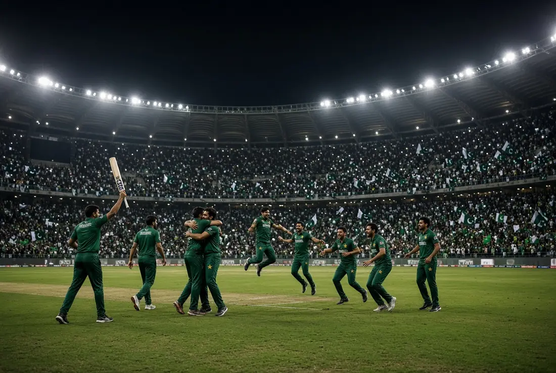 Pakistani cricket team celebrating dramatic victory after Shadab Rauf Record 10th wicket partnership at Gaddafi Stadium Lahore