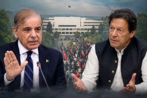 Prime Minister Shehbaz Sharif and PTI leadership amid a political standoff over the long march to Islamabad, with dialogue efforts and protest crowds in the background.