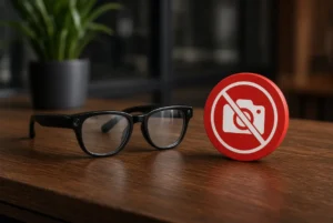 Black smart glasses with hidden camera next to red prohibition sign for smart glasses ban on wooden desk
