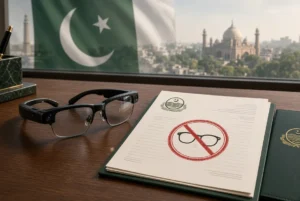 Black smart glasses with built-in camera placed on desk next to official government document stamped with red prohibition symbol showing smart glasses ban in Punjab