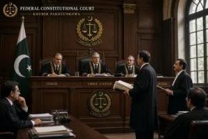 Judges of the Federal Constitutional Court hearing the petition related to Sohail Afridi CM appointment in a formal courtroom setting