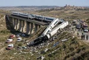 Emergency responders and ambulances at the scene of Spain train crash with derailed high-speed carriages on embankment near Toledo