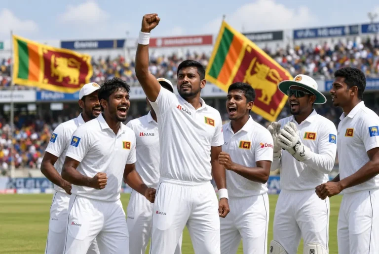 Sri Lanka Test squad players celebrating a wicket with captain Kusal Mendis raising his fist in the center during a match