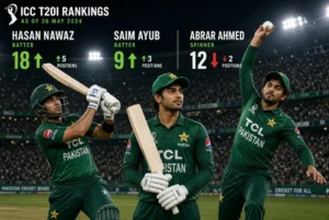 Hasan Nawaz Saim Ayub and Abrar Ahmed in action during T20I rankings Pakistan update after Asian Games performances