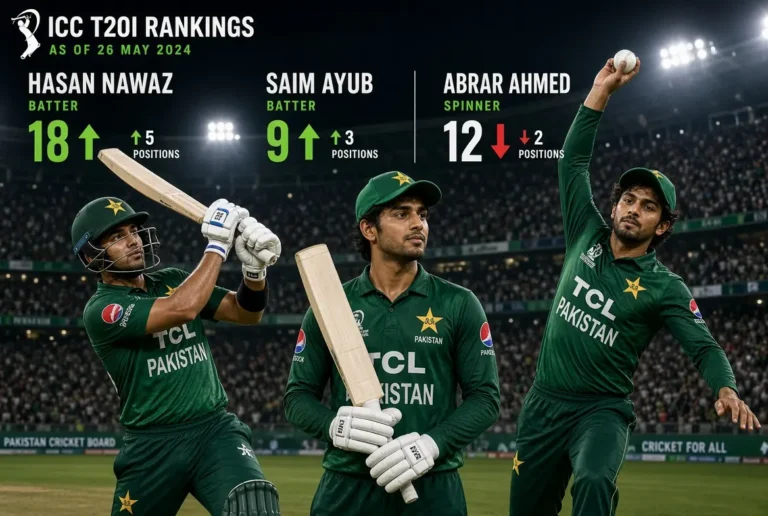 Hasan Nawaz Saim Ayub and Abrar Ahmed in action during T20I rankings Pakistan update after Asian Games performances