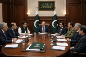 Pakistani government officials and military leaders holding formal talks on terrorism around a conference table in parliament with national flags