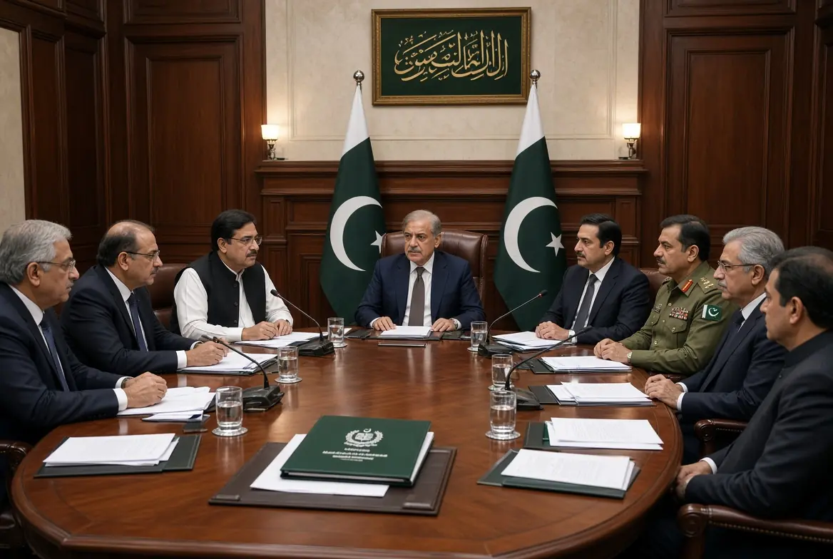 Pakistani government officials and military leaders holding formal talks on terrorism around a conference table in parliament with national flags