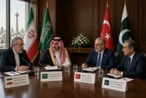 Senior officials from Iran, Saudi Arabia, Türkiye and Pakistan seated at a formal conference table during Tehran security talks with national flags in the background