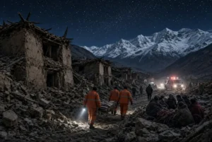 Rescue workers in orange uniforms carrying injured person past damaged houses under starry sky after Tibet earthquake in northern China