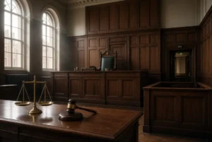 Empty British courtroom with gavel and scales of justice symbolizing Tommy Robinson convicted of harassing journalists
