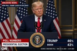 US President Donald Trump at podium with poll graphics showing Trump Approval Low and midterms Democratic lead
