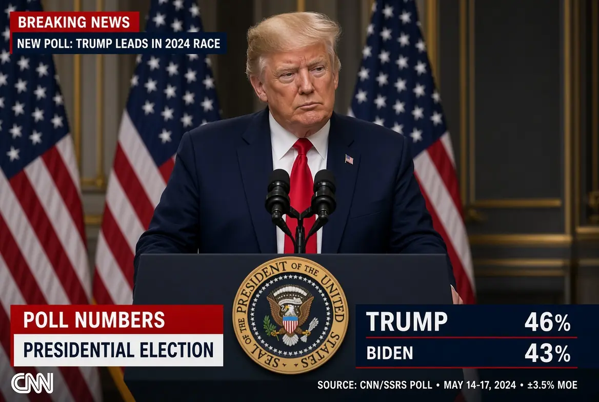 US President Donald Trump at podium with poll graphics showing Trump Approval Low and midterms Democratic lead