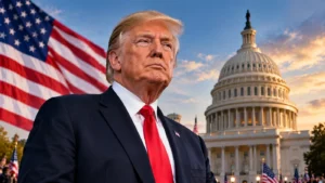 Donald Trump standing in front of the US Capitol and American flag as Trump Approval Rating reaches 32% ahead of the 2026 midterm elections.