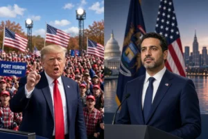 Donald Trump speaking at Port Huron Michigan rally next to Abdul El-Sayed at podium with American and Michigan flags during Trump El-Sayed Senate race