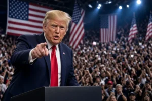 US President Donald Trump speaking passionately at a campaign rally in Syracuse New York pointing forward with American flags and large crowd in the background