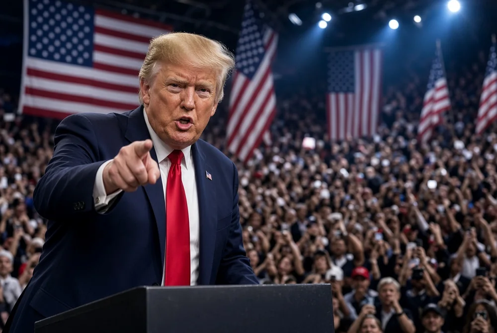 US President Donald Trump speaking passionately at a campaign rally in Syracuse New York pointing forward with American flags and large crowd in the background
