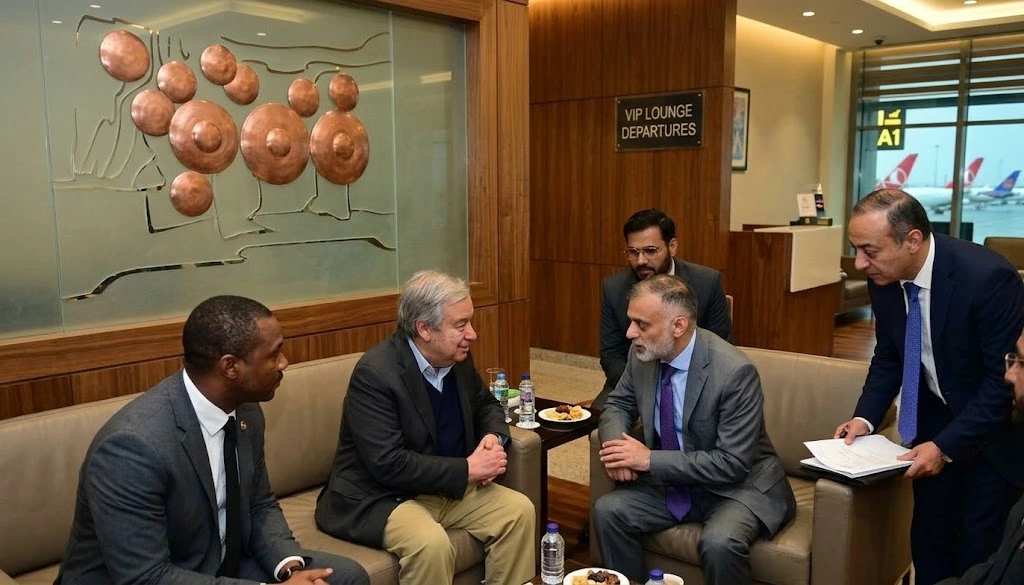 UN Secretary-General Antonio Guterres sitting and discussing with official delegates inside an airport VIP lounge